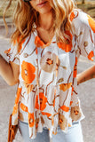 Printed Flounce Sleeve Tie-Neck Peplum Blouse- ONLINE ONLY 2-10 DAY SHIPPING