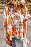 Printed Flounce Sleeve Tie-Neck Peplum Blouse- ONLINE ONLY 2-10 DAY SHIPPING