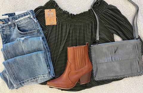 Olive and Black Stripe Off Shoulder Top