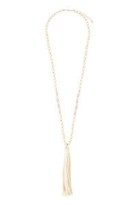 WHITE BEADED NECKLACE WITH LEATHER TASSEL