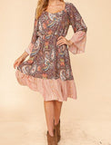 Ethnic Paisley Color Block Bell Sleeve Dress - In Store