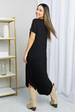 HYFVE V-Neck Short Sleeve Curved Hem Dress in Black- ONLINE ONLY 2-10 DAY SHIPPING