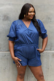 ODDI Full Size Puff Sleeve Denim Romper- ONLINE ONLY 2-10 DAY SHIPPING