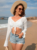 Drawstring Openwork Long Sleeve Cover-Up - ONLINE ONLY