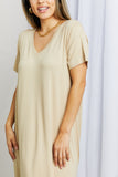 HYFVE V-Neck Short Sleeve Curved Hem Dress in Caffe Latte- ONLINE ONLY 2-10 DAY SHIPPING