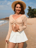 Drawstring Openwork Long Sleeve Cover-Up - ONLINE ONLY