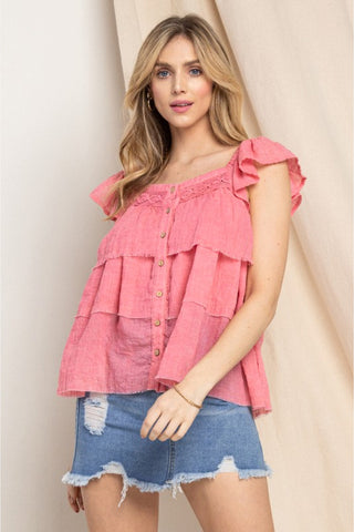 ODDI Full Size Buttoned Ruffled Top- ONLINE ONLY 2-10 DAY SHIPPING