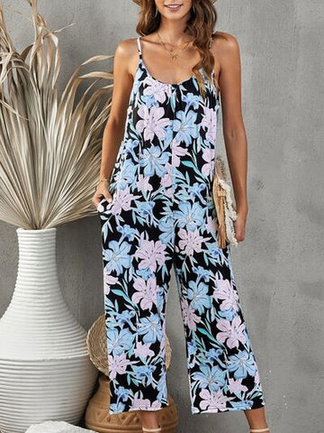 Printed Spaghetti Strap Jumpsuit with Pockets - ONLINE ONLY