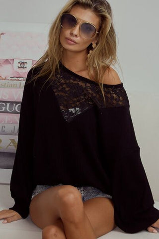 BiBi Lace Detail Ribbed Long Sleeve Top- ONLINE ONLY