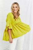 Celeste Look At Me Full Size Flowy Ruffle Sleeve Top in Lime- ONLINE ONLY- 2-7 DAY SHIPPING