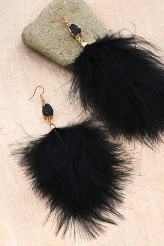 Long Black Tassel Feather Earrings - In Store