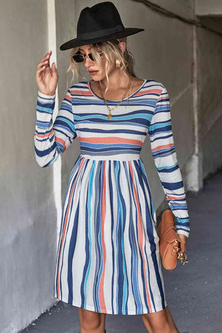 Striped Round Neck Long Sleeve Tee Dress - ONLINE ONLY