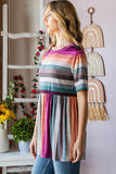 Heimish Full Size Striped Round Neck Babydoll Tee in Fuchsia Multi- ONLINE ONLY 2-10 DAY SHIPPING