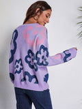 Flower Pattern Round Neck Long Sleeve Sweater - ONLINE ONLY