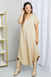 HYFVE V-Neck Short Sleeve Curved Hem Dress in Caffe Latte- ONLINE ONLY 2-10 DAY SHIPPING