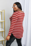 Zenana Full Size Striped V-Neck Long Sleeve Top in Dark Burgundy/Ivory- ONLINE ONLY 2-10 DAY SHIPPING