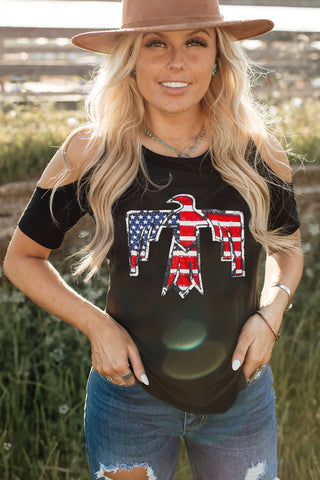 US Flag Bird Graphic Cold-Shoulder Tee- ONLINE ONLY- 2-7 DAY SHIPPING