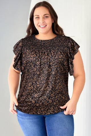 Plus Size Printed Smocked Butterfly Sleeve Blouse - ONLINE ONLY