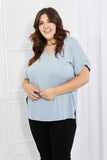 Zenana Simply Comfy Full Size V-Neck Loose Fit Shirt in Blue- ONLINE ONLY 2-10 DAY SHIPPING