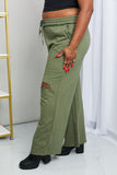 Zenana Full Size Drawstring Waist Distressed Wide Leg Pants in LT Olive- ONLINE ONLY 2-10 DAY SHIPPING