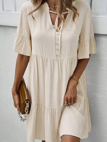 V Neck Button Up Solid Dress - In Store