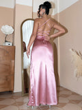 Backless Crisscross Ruched Split Satin Dress- ONLINE ONLY 2-10 DAY SHIPPING