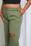 Zenana Full Size Drawstring Waist Distressed Wide Leg Pants in LT Olive- ONLINE ONLY 2-10 DAY SHIPPING
