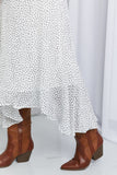 Zenana Polka Dot Ruffle Hem Midi Skirt in Ivory/Black- ONLINE ONLY 2-10 DAY SHIPPING