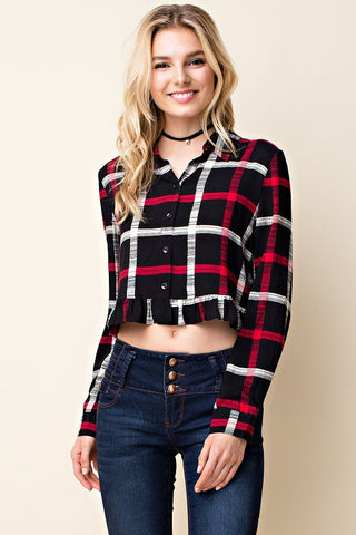 Cropped Plaid Button Down w/ Ruffled Bottom - In Store