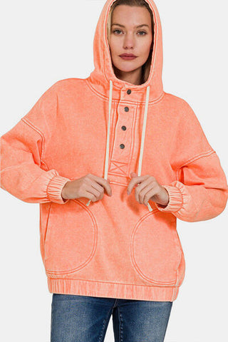 Zenana Drawstring Half Snap Dropped Shoulder Hoodie - ONLINE ONLY SHIPS IN 1-4 DAYS