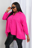 Zenana Bright and Airy Raw Edge Peplum Shirt with Pockets in Hot Pink- ONLINE ONLY 2-10 DAY SHIPPING