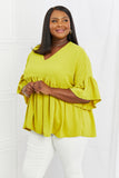 Celeste Look At Me Full Size Flowy Ruffle Sleeve Top in Lime- ONLINE ONLY- 2-7 DAY SHIPPING