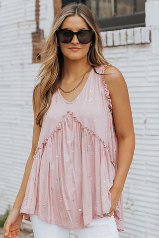 Foil Frill Trim Sleeveless Top- ONLINE ONLY 2-10 DAY SHIPPING