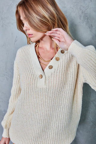 V-Neck Knitted Sweater w/ Button Detail