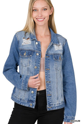 Distressed Denim Jacket / Light or Medium Wash